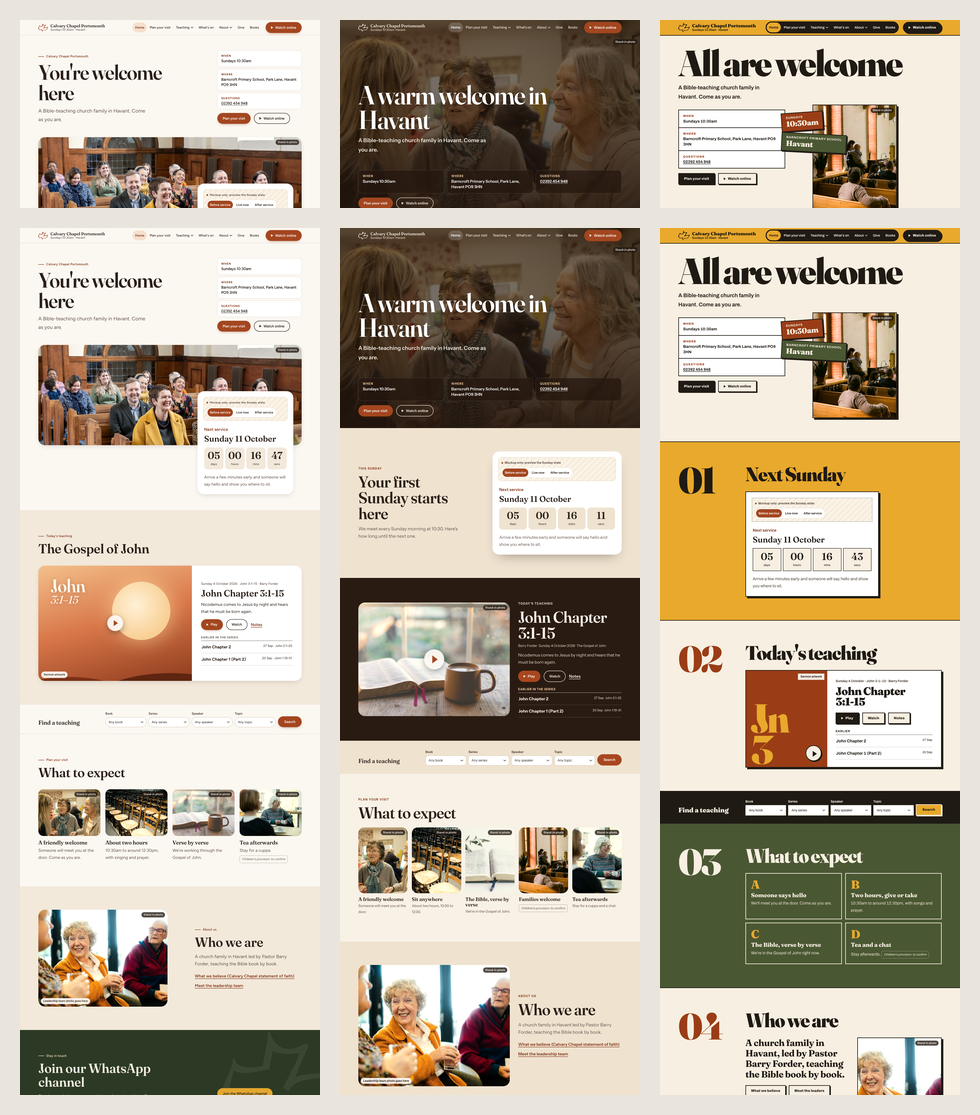 The three homepages side by side at thumbnail size: a light cream page with a wide photo band, a dark page led by a full-width photo, and a marigold and olive poster page with giant section numbers.